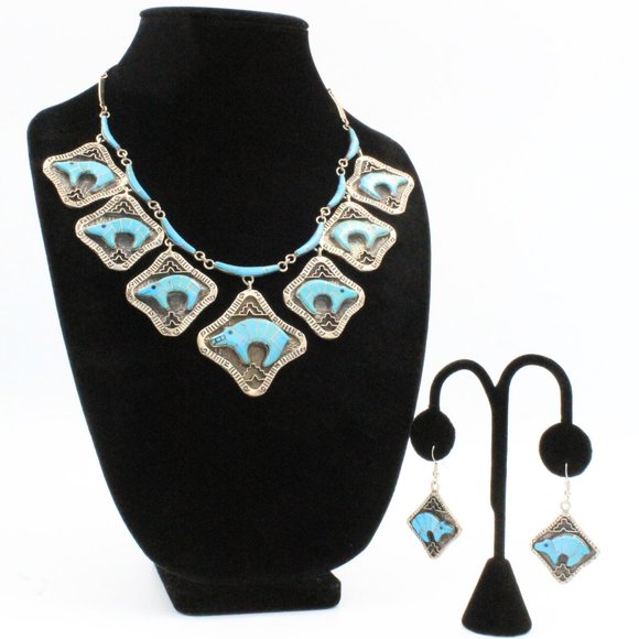 Stamped Derrick Cadman Navajo Sterling Silver Bear Inlaid Turquoise Necklace Set - Picture 1 of 11
